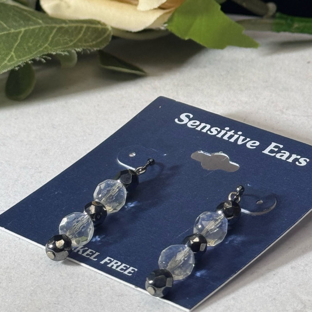 Sensitive Ears Crystal Bead Dangling Hook Earrings 1.75 inch
